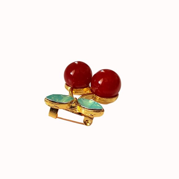Red Enamel Cherry Brooch Pin Green Acrylic Gem Gold Tone Metal - Picture 7 of 14
